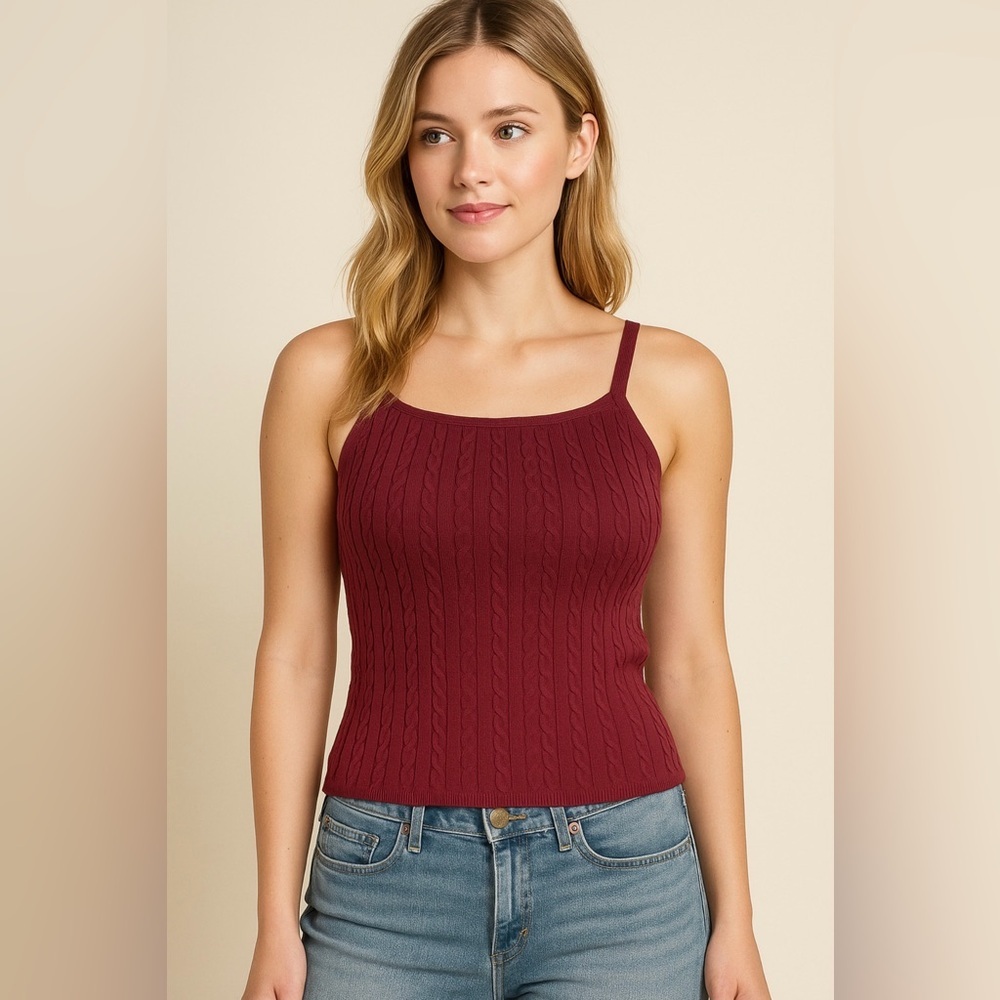 525 America Burgundy Cable Knit Cami Tank Top M NWT Cotton Nylon Blend